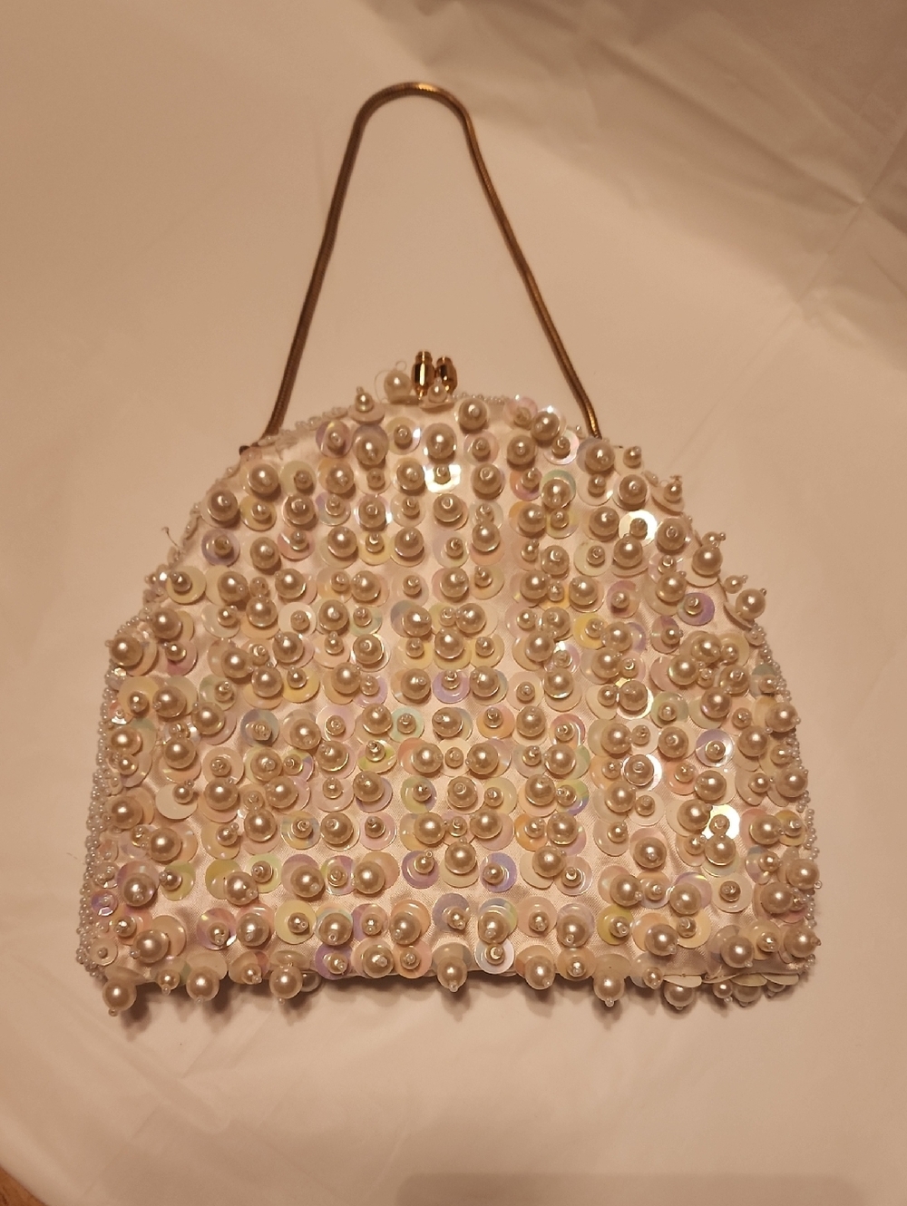 Vintage Pearl & Sequin White Evening Clutch with Gold Handle